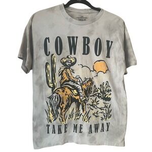 Women's Graphic Tee "Cowboy Take Me Away" Tie Dye Grey Size Large NEW